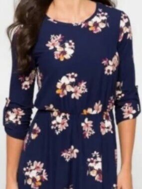 French Grey Navy Floral Midi Dress — 3/4 Sleeve, Elastic Waist